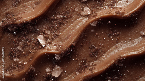 Macro close-up of rich, creamy chocolate caramel swirls topped with coarse sea salt and cocoa powder. A deliciously textured gourmet dessert with a perfect balance of sweetness and saltiness