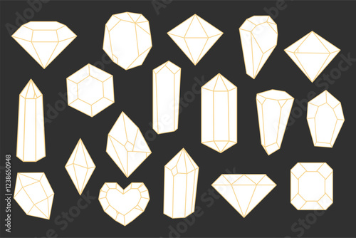 Crystal gemstone polygon stone, contour gem, polyhedron minimal. Elegant outline geometric quartz, jewel. Mineral linear icon.