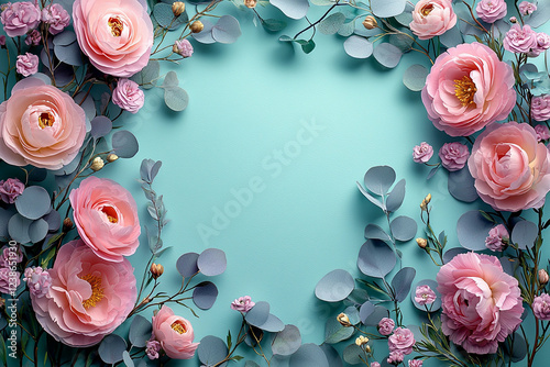 Beautiful postcard with copy space. Frame of paper flowers, eucalyptus leaves on a pastel mint teal background. Perfect for Mother's Day or wedding invitations