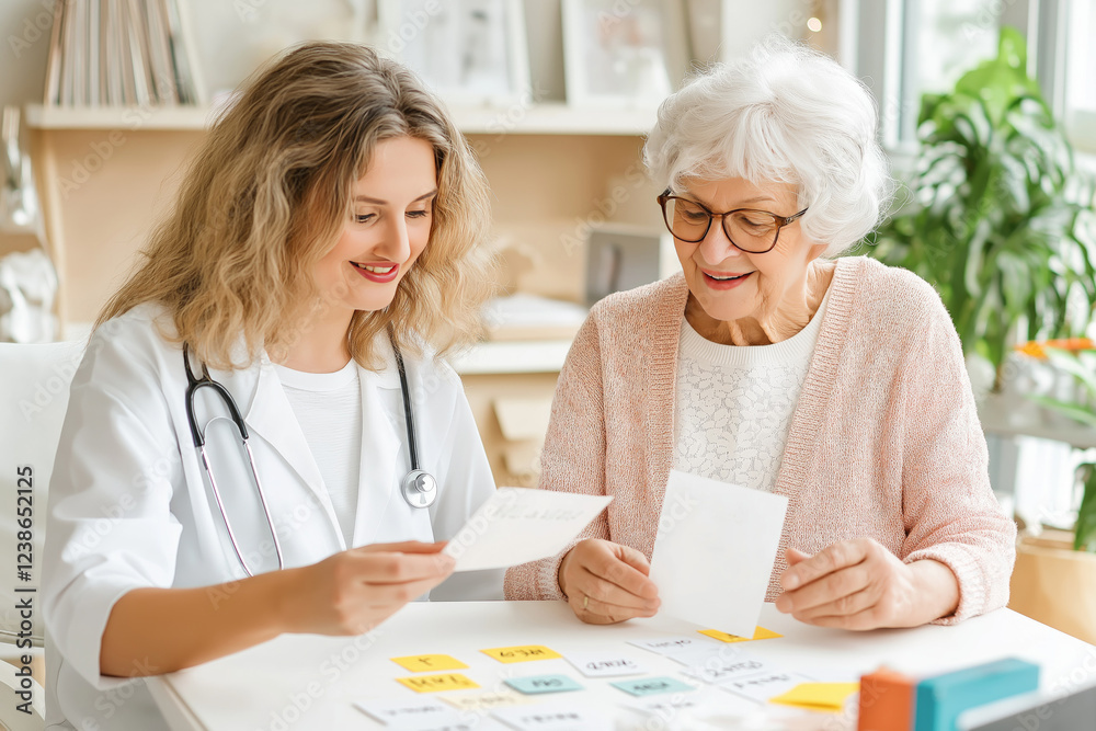 Woman engages in speech therapy with a therapist using word cards in a calm and focused environment Woman engages in speech therapy with a therapist using word cards in a calm and focused environment