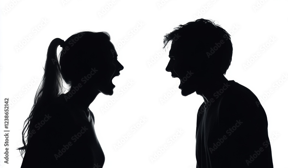 Couple arguing in silhouette against bright background during evening Couple arguing in silhouette against bright background during evening