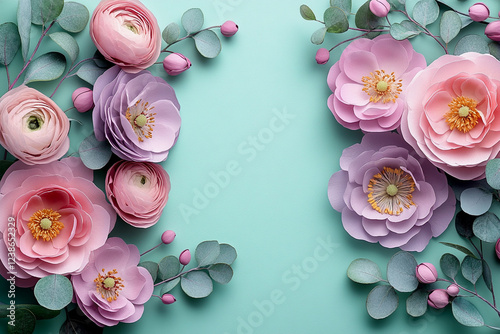 Beautiful postcard with copy space. Frame of paper flowers, eucalyptus leaves on a pastel mint teal background. Perfect for Mother's Day or wedding invitations