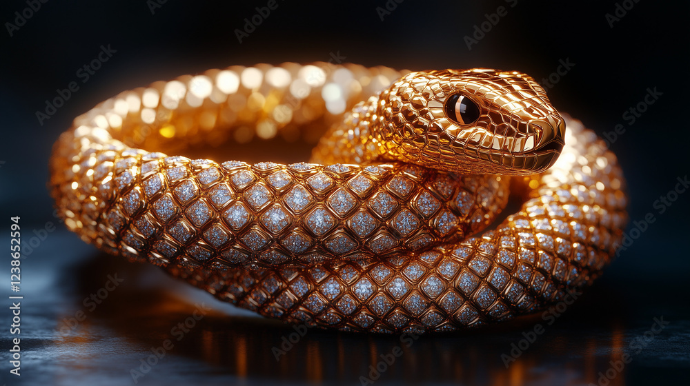 Fototapeta premium luxurious gold snake jewelry piece, encrusted with shimmering diamonds, coiled elegantly in a lifelike pose. The intricate scale pattern and polished finish reflect opulence and fine craftsmanship