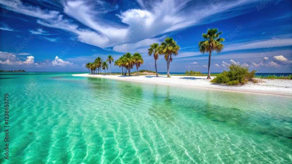 Turquoise waters and white sandy beach on Crab Island in Destin Florida with palm trees surrounding a crystal clear lagoon, crab island, beach resort Turquoise waters and white sandy beach on Crab Island in Destin Florida with palm trees surrounding a crystal clear lagoon, crab island, beach resort