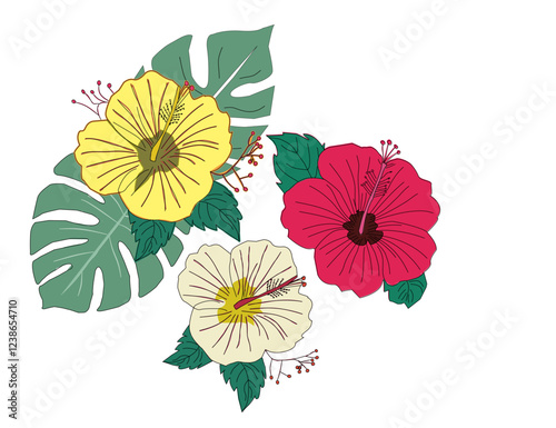 hibiscus flower. Hibiscus flower vector. Colorful hibiscus flower with tropical leaf. Flower vector. Hibiscus flower with monstera.  Hibiscus flowers and monstera leaves.