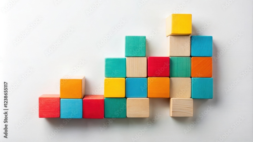 Colorful Wooden Blocks Arranged in an Abstract Pattern on a White Surface Colorful Wooden Blocks Arranged in an Abstract Pattern on a White Surface