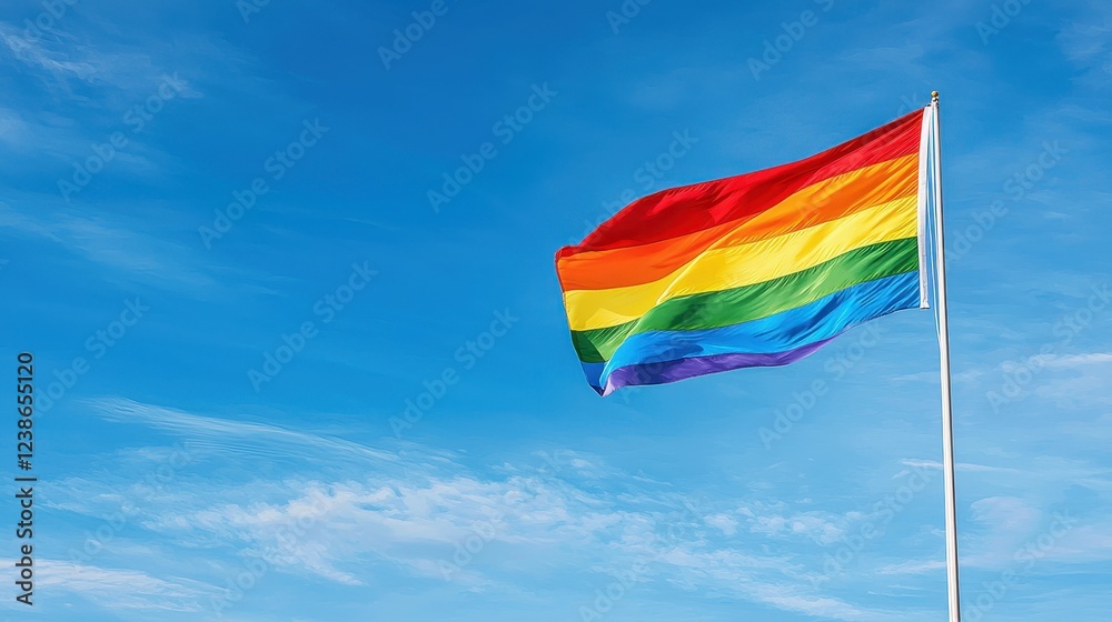 Rainbow flag waving in the wind against a clear blue sky representing diversity and inclusion Rainbow flag waving in the wind against a clear blue sky representing diversity and inclusion
