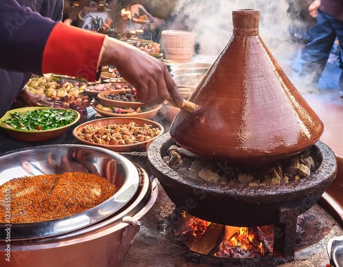 Chef preparing traditional moroccan tagine in a souk photo