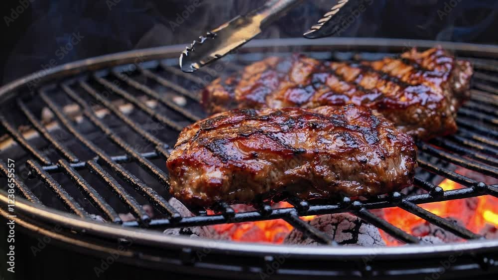 Juicy steaks sizzling on a hot charcoal grill, seared with perfect grill marks while releasing aromatic smoke