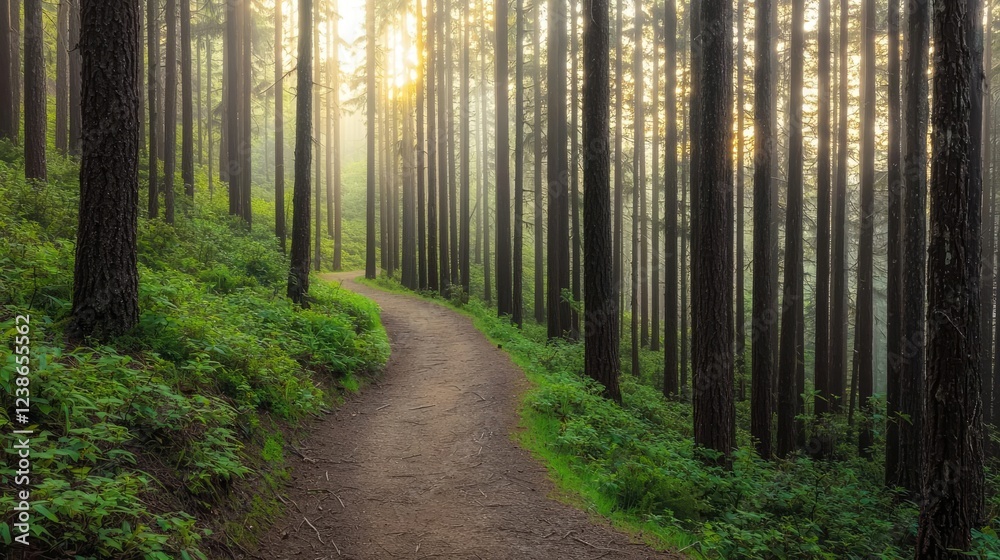 Fototapeta premium Morning mist nature concept. A serene forest path surrounded by towering trees and gentle morning light.