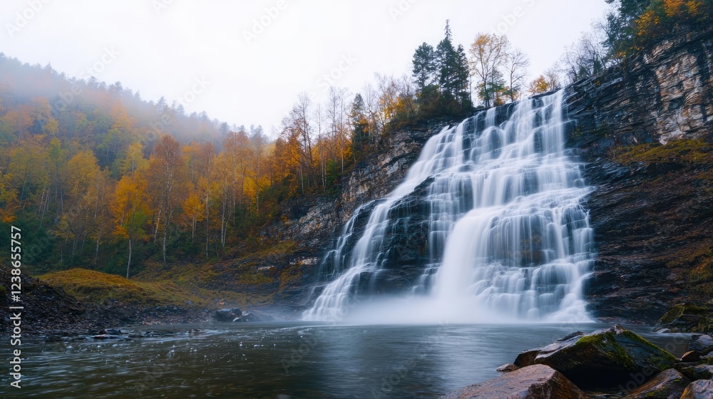 Waterfall scenes nature idea. A serene waterfall cascading through autumn foliage in a misty landscape. Waterfall scenes nature idea. A serene waterfall cascading through autumn foliage in a misty landscape.