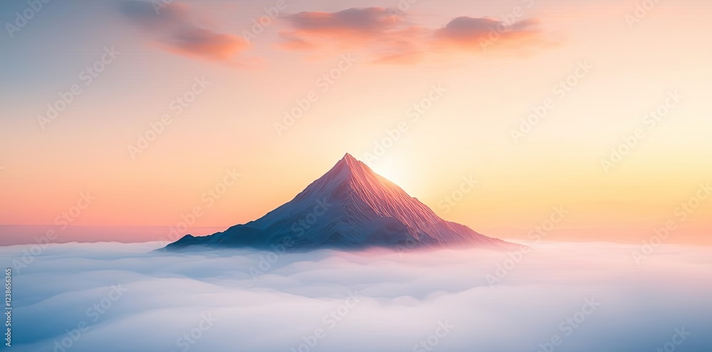Morning mist nature concept. A majestic mountain peak rises above a sea of clouds at sunrise, creating a serene view. Morning mist nature concept. A majestic mountain peak rises above a sea of clouds at sunrise, creating a serene view.