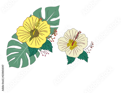 hibiscus flower. Hibiscus flower vector. Colorful hibiscus flower with tropical leaf. Flower vector. Hibiscus flower with monstera.  Hibiscus flowers and monstera leaves.