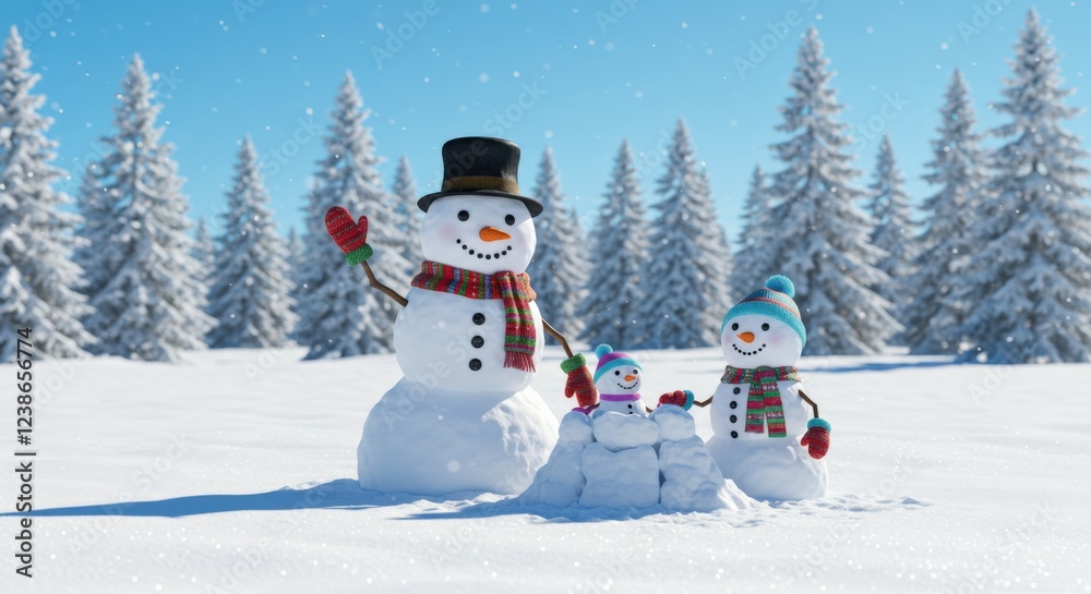 Obraz premium A family of snowmen with children on a frosty morning near the forest