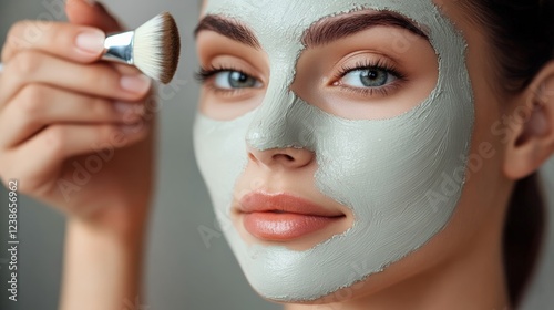 Beautician is applying white clay mask to beautiful woman's face in beauty salon. Spa treatment concept. Spa business. photo