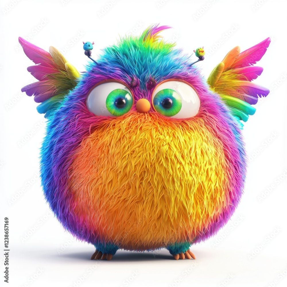 Round, chubby monster with rainbow-colored fur and tiny wings, isolated on white background Round, chubby monster with rainbow-colored fur and tiny wings, isolated on white background