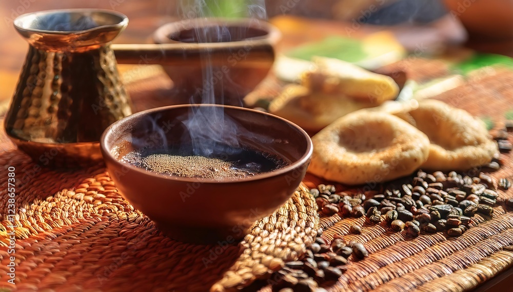 Steaming ethiopian coffee with jebena, incense, and coffee beans in traditional ceremony