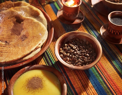 Traditional ethiopian coffee ceremony with injera bread and roasted coffee beans photo