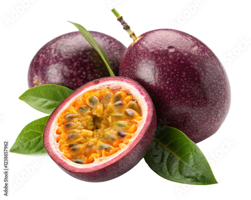 A purple passion fruit with a wrinkled, matte skin and a vibrant orange interior. AI Generative