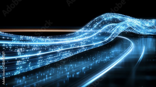 Futuristic digital landscape with glowing blue light trails and abstract data flowing through a dark background, symbolizing advanced technology and connectivity.