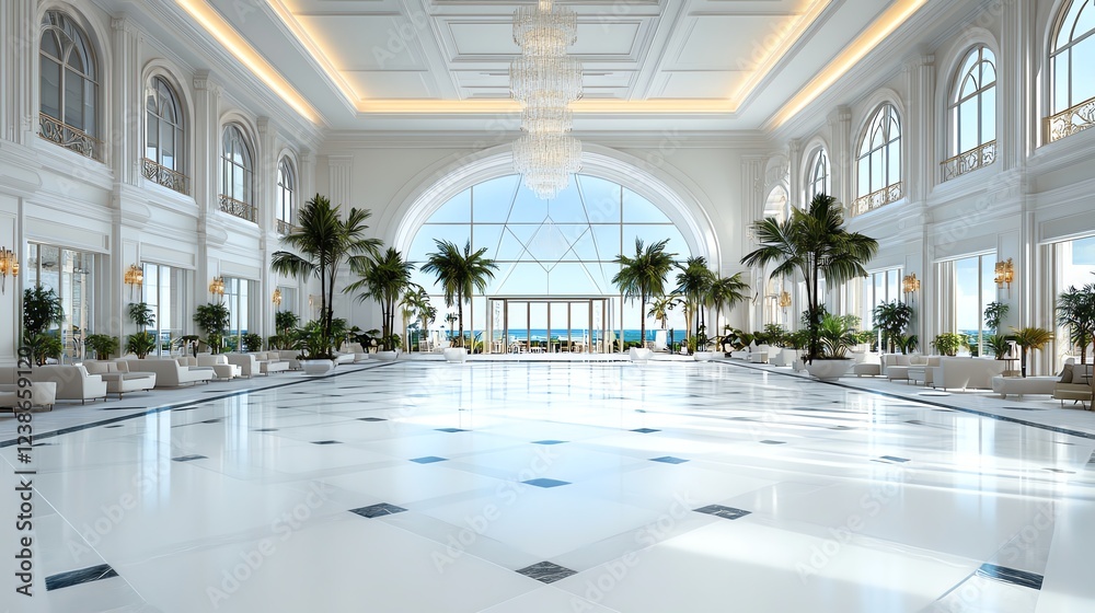 Obraz premium A grand entrance hotel lobby with elegant arches, luxurious chandeliers, and classic European decor, hyperdetailed, isolated on white background