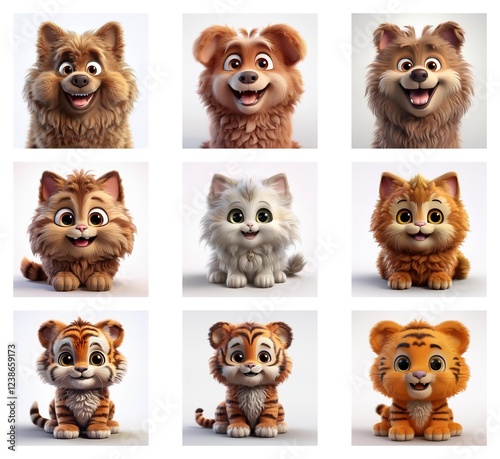Wallpaper Mural Nine adorable cartoon animals: fluffy dogs and cats, and playful tiger cubs, displayed in a 3x3 grid.  Each animal has a cheerful expression. Torontodigital.ca