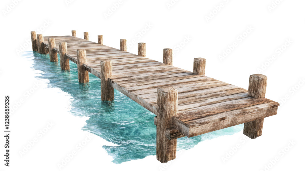 Obraz premium Wooden pier extending over crystal clear turquoise water with transparent background