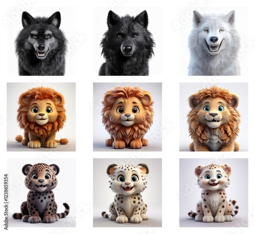 A charming grid showcasing stylized 3D renderings of wolf and lion cubs in various color palettes.  The cute animals exhibit playful expressions. photo