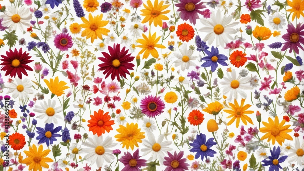 A collection of diverse flowers rendered in a charming flat style, symmetrically arranged across a canvas. Bright and colorful floral elements create a playful, decorative A collection of diverse flowers rendered in a charming flat style, symmetrically arranged across a canvas. Bright and colorful floral elements create a playful, decorative