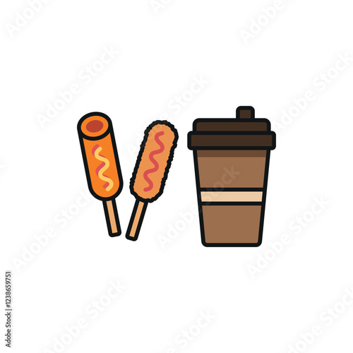 Drink and corn dog set icon represents a popular street food and beverage combo, perfect for snack bar branding, food truck menus, carnival promotions, and fast food visuals.
