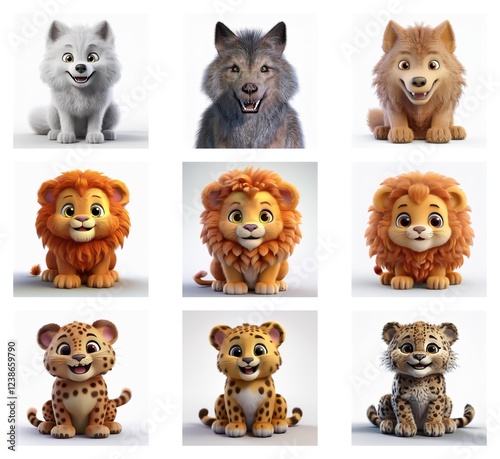 Wallpaper Mural A collage showcasing adorable cartoon renderings of arctic fox, wolf, and lion cubs in various poses and color variations.  Each animal is depicted with a cheerful expression, offering a charming and  Torontodigital.ca
