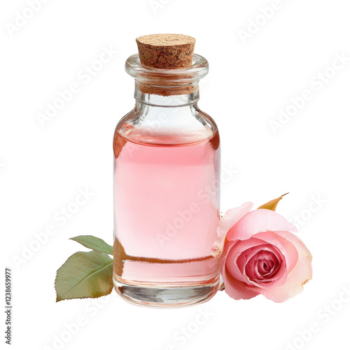 Pink rose essence in a glass bottle with fresh petals