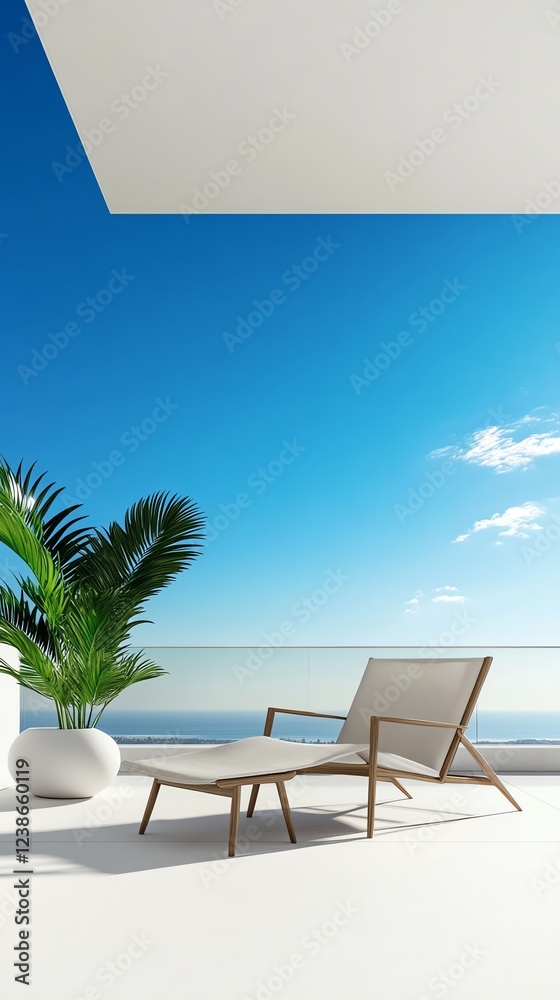 Fototapeta premium A minimalist balcony with a soft beige aesthetic, reading chair, and blue sky view, photorealistic, isolated on white background