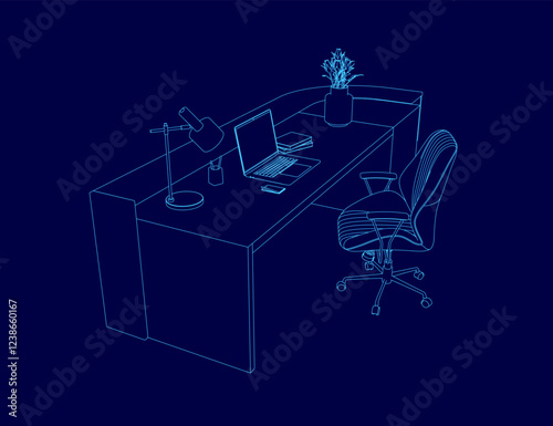 A blue drawing of a desk with a laptop, a lamp, and a potted plant. The desk is empty, but the laptop is on it. The chair is positioned in front of the desk