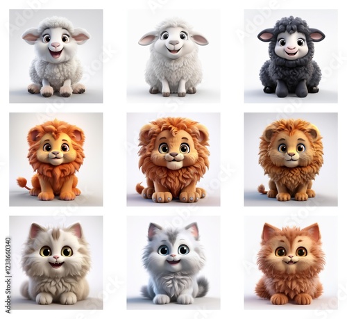 Wallpaper Mural Adorable 3D renderings of lambs and lion cubs showcase variations in fur color and texture.  Each animal displays a cheerful expression. Torontodigital.ca