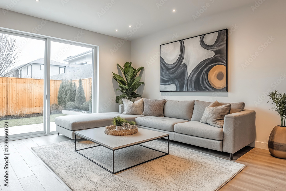 Fototapeta premium Modern Living Room with Open-Concept Design and Garden View