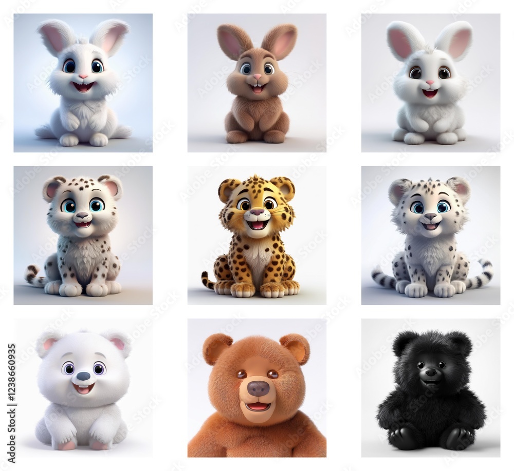 Obraz premium Adorable cartoon animals: rabbits, snow leopards, and bears in various colors, sitting and smiling. A cute collection of 3D rendered creatures.