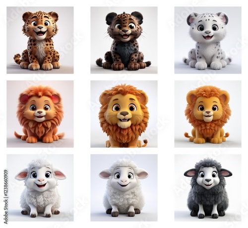 Wallpaper Mural Adorable cartoon cubs in various poses.  Nine images showcasing different animals, including felines and lambs, in a cute, fluffy style. Torontodigital.ca
