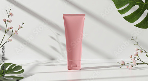 A pink cream jar on a white background with a leafy ambiance.