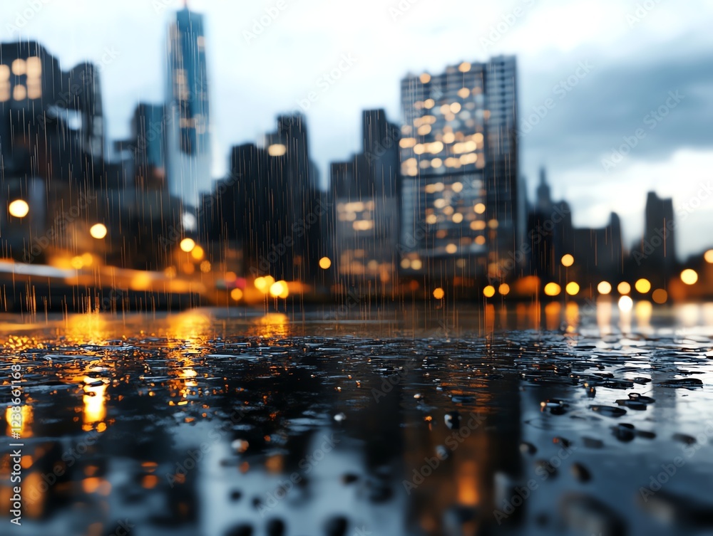 Fototapeta premium Rainy cityscape, waterdrenched glass reflections, 3D illustration