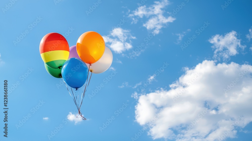 Fototapeta premium Bunch of colorful helium balloons floating in a clear blue sky during daylight