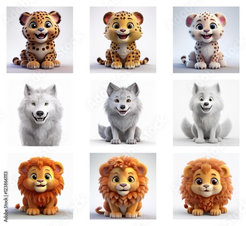 Wallpaper Mural Adorable 3D renderings showcase the evolution of three cute baby animals: a cheetah, wolf, and lion.  Stages of fur texturing and color are depicted, demonstrating the digital art process. Torontodigital.ca