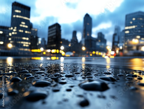 Rainy cityscape, waterdrenched glass reflections, 3D illustration photo