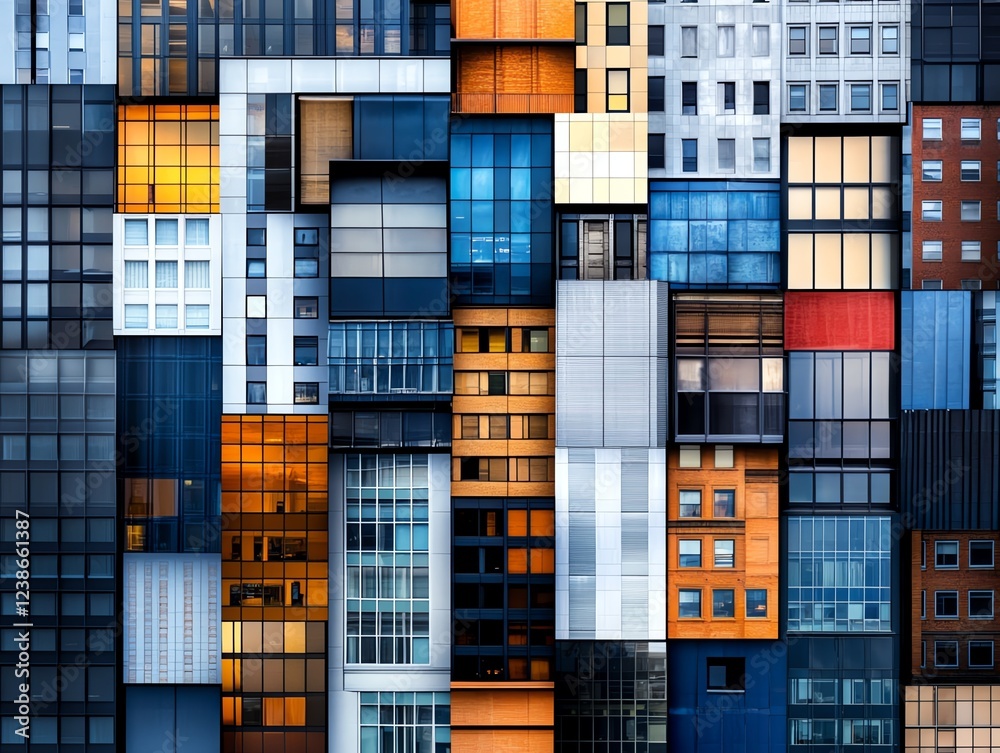 Fototapeta premium Rooftop view of skyscrapers with intricate reflections in glass windows, layered depth, panoramic city perspective, highdetail textures