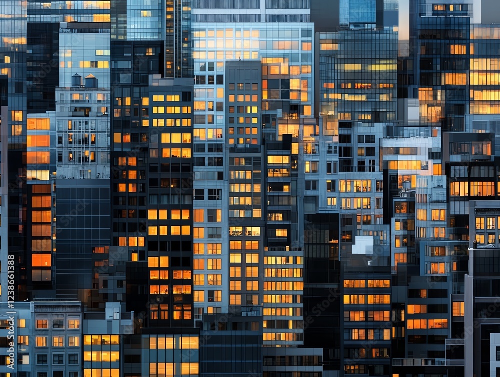 Rooftop view of skyscrapers with intricate reflections in glass windows, layered depth, panoramic city perspective, highdetail textures