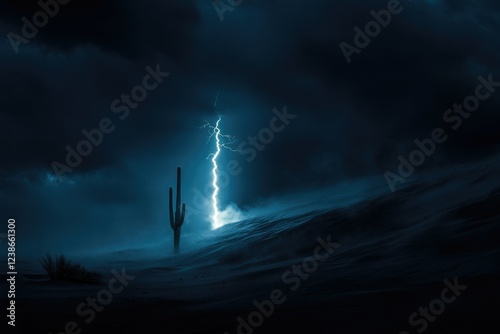 Wallpaper Mural A lone saguaro cactus stands silhouetted against a dramatic desert night sky, illuminated by a vibrant lightning strike. Torontodigital.ca