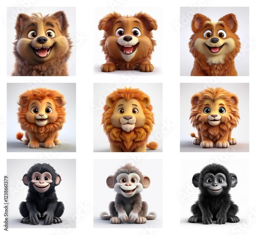 Wallpaper Mural Nine adorable cartoon animal portraits: fluffy dogs and lions, and chimpanzees.  Each animal has a cheerful expression, rendered in a similar 3D style. Torontodigital.ca