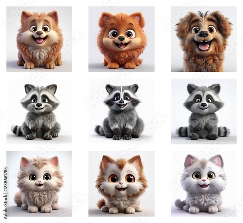 Wallpaper Mural Adorable cartoon animals: fluffy dogs and playful raccoons, and cute cats in a 3x3 grid.  Each creature sits and smiles.  Variations in color and fur are showcased. Torontodigital.ca