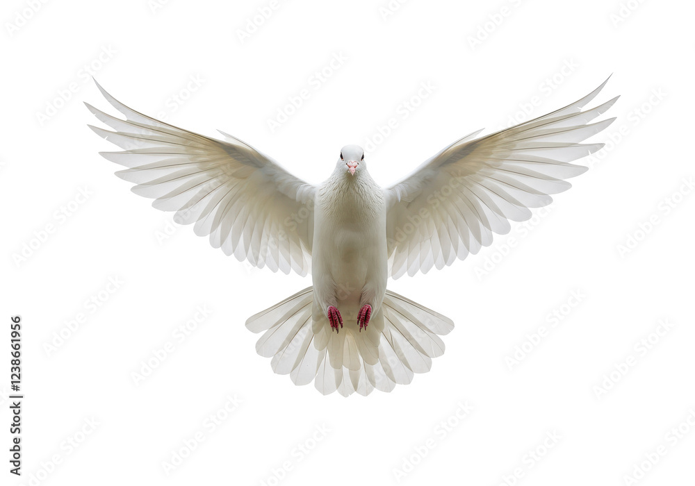 Naklejka premium A white dove in mid-flight with its wings fully spread, isolated on a white background