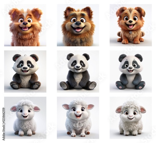 Wallpaper Mural Adorable 3D rendered animals: fluffy dogs and pandas, and lambs.  Variations in pose and angle showcase charming expressions. Torontodigital.ca